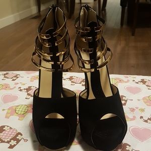 Black and gold suede heels
